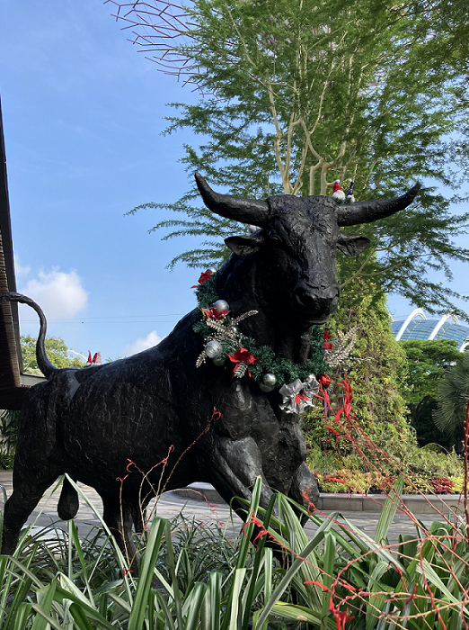 Sculpture of a bullock decorated for Christmas at the Gardens by the Bay.