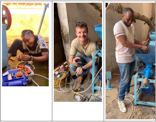 Here you can see us improving and designing the charcoal briquetting machines. On the left you can see Theresia, the local tandem sponsored through ETH4D. On the right is Dotto, a super smart engineer.